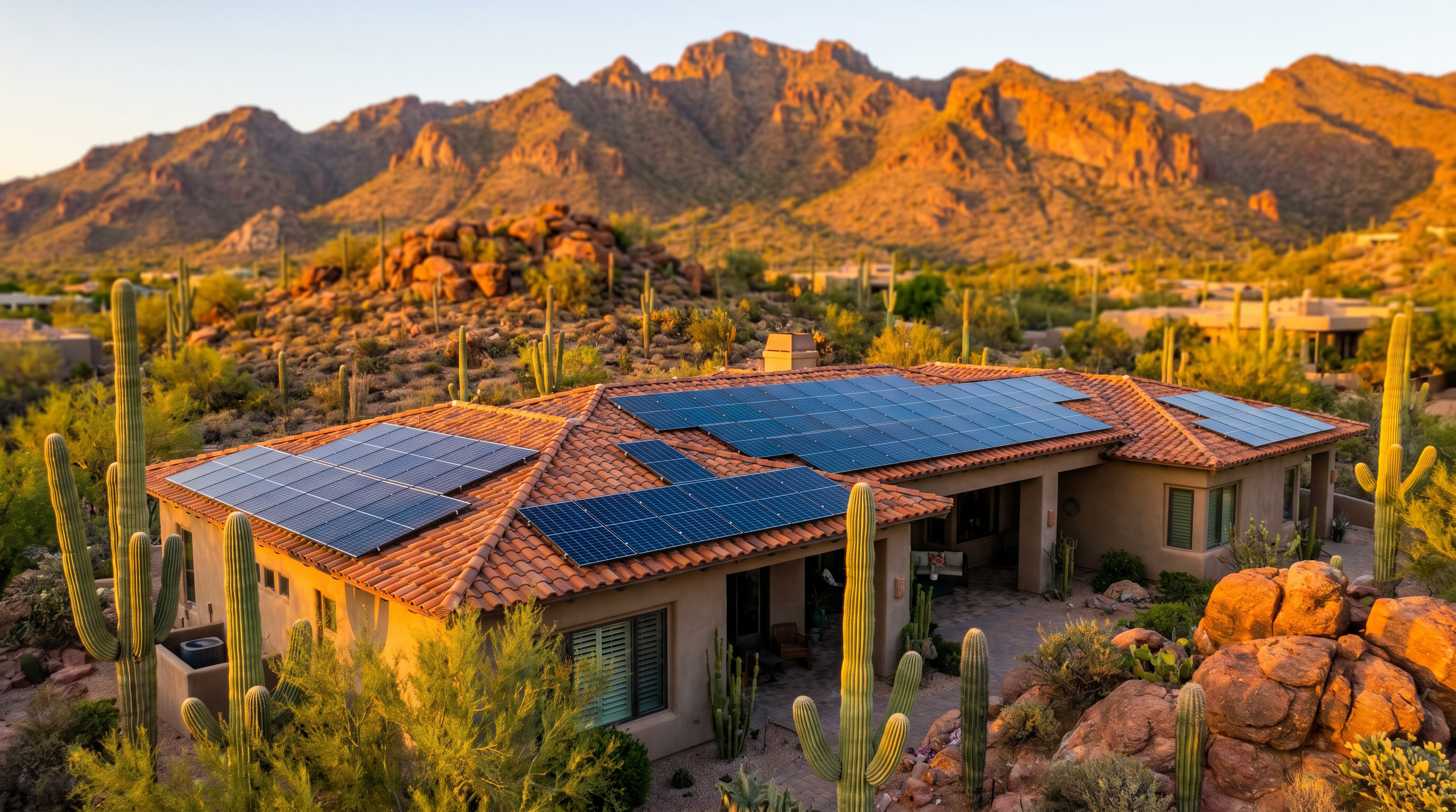 Solar panels on Arizona home at sunset